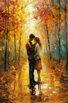 Landscapes Painting - Original romance art Love in Golden October trees artwork